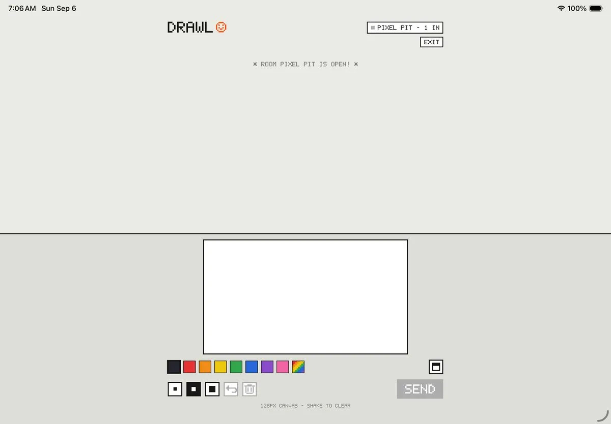 Drawl on an iPad in landscape: the room is a single centred column, feed above and drawing pad below, with warm-gray paper either side.