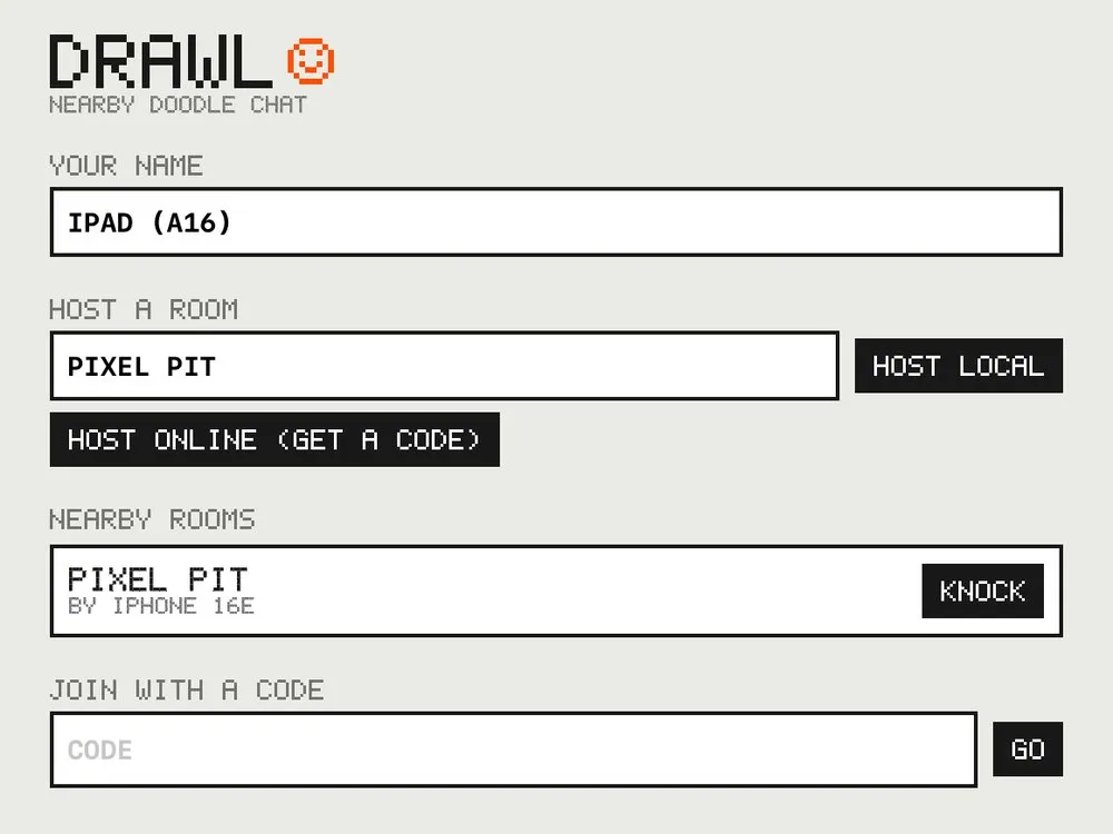 Drawl's lobby on iPad: DRAWL with the orange smiley, your name, host a room, nearby rooms with Pixel Pit by iPhone 16e and a KNOCK button, and join with a code.