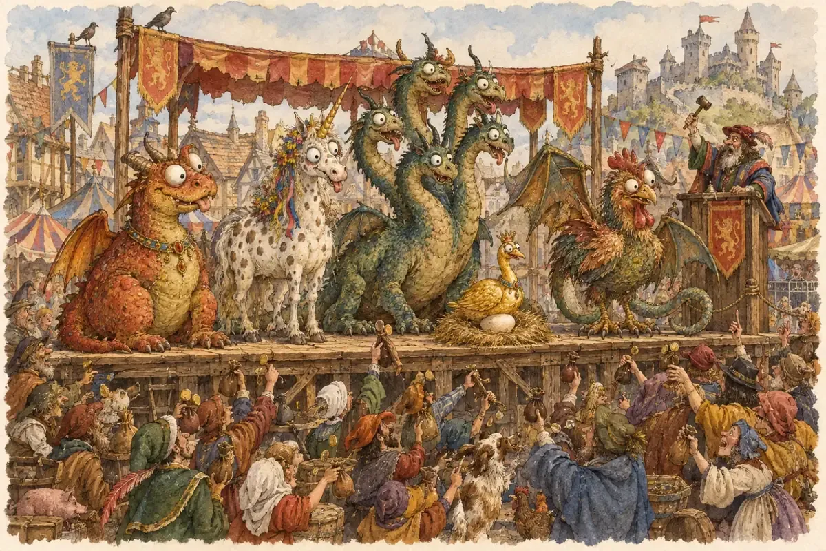A painted medieval market square, the backdrop of the title screen