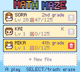 File select: three players, each with their own buddy, grade, level and stamp count, and a slot for a new file.