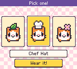 The daily gift: Mochi modelling a tanuki leaf, a chef hat and a sakura clip. Pick one.