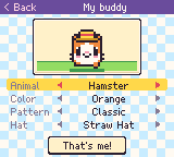 My Buddy: Mochi the orange hamster in a straw hat, with rows for animal, colour, pattern and hat.
